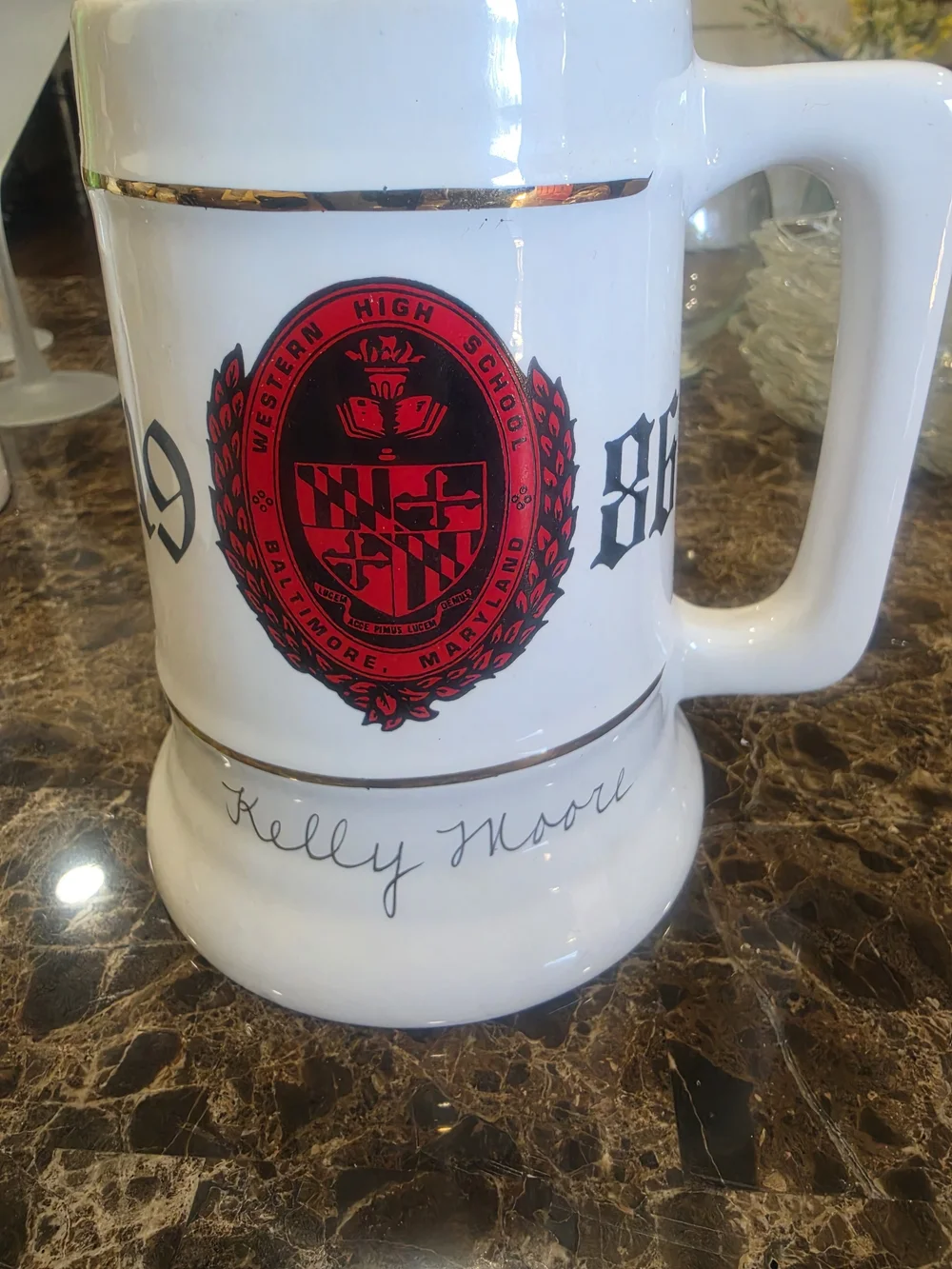 Source Unknown White and Red Commemorative Ceramic Stein